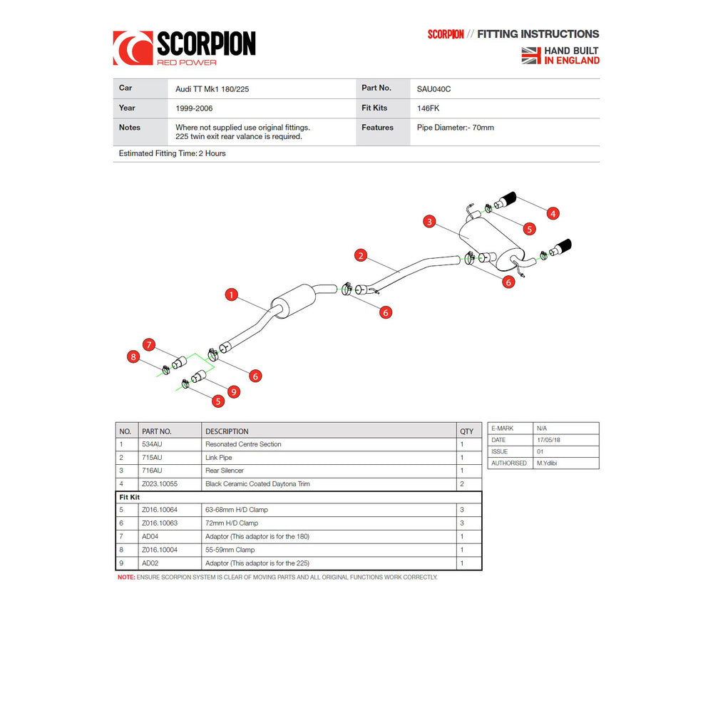 Scorpion Exhaust Cat-Back (Res) Twin Daytona BLK - Audi TT MK1 Quattro 180 / 225 BHP 1998 - 2006