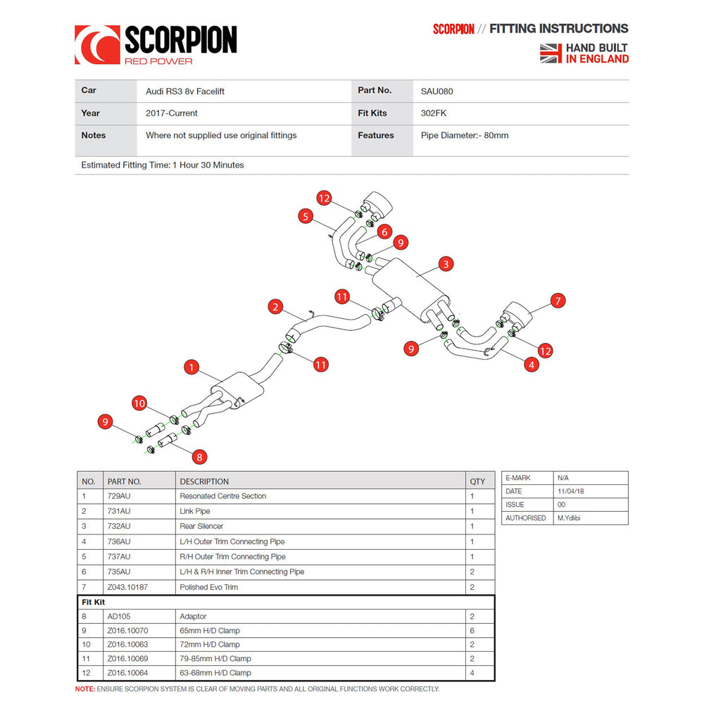 Scorpion Car Exhaust Cat-Back System (Resonated) (Non-Valved) Polished Evo - Audi RS3 8V 2017 - 2021 Facelift