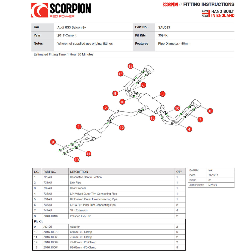Scorpion Car Exhaust Cat-Back System (Resonated) (Electronic Valves) Polished Evo - Audi RS3 8V 2017 - 2021 Saloon/Sedan