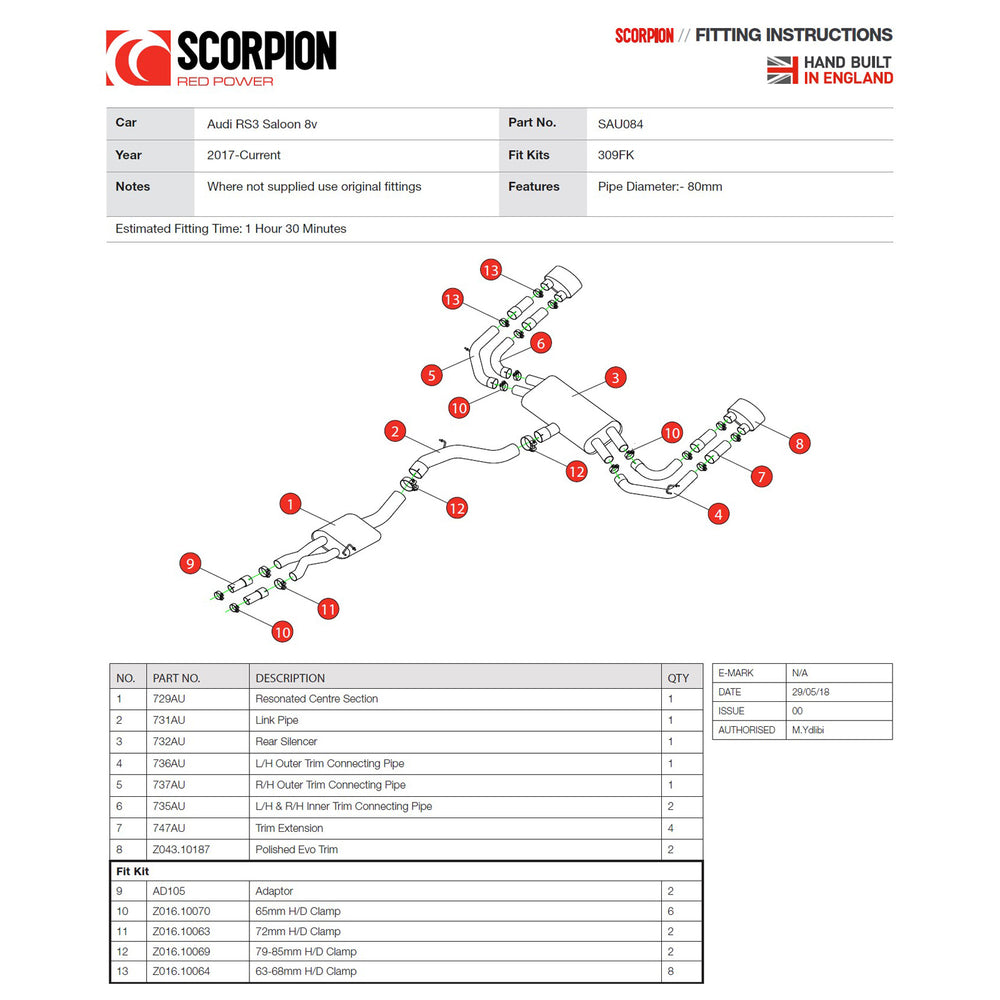 Scorpion Car Exhaust Cat-Back System (Resonated) (Non-Valved) Polished Evo - Audi RS3 8V 2017 - 2021 Saloon/Sedan