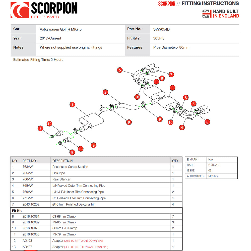 Scorpion Car Exhaust Cat-Back System Resonated Electronic Valved Polished Daytona - VW Golf R MK7.5 2017-2020