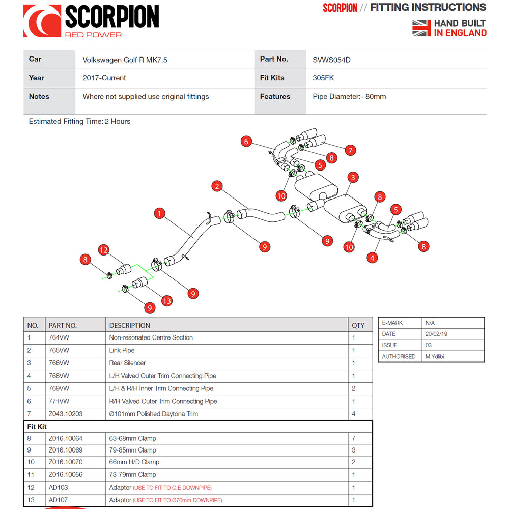 Scorpion Car Exhaust Cat-Back System Non-Resonated Electronic Valved Polished Daytona - VW Golf R MK7.5 2017-2020