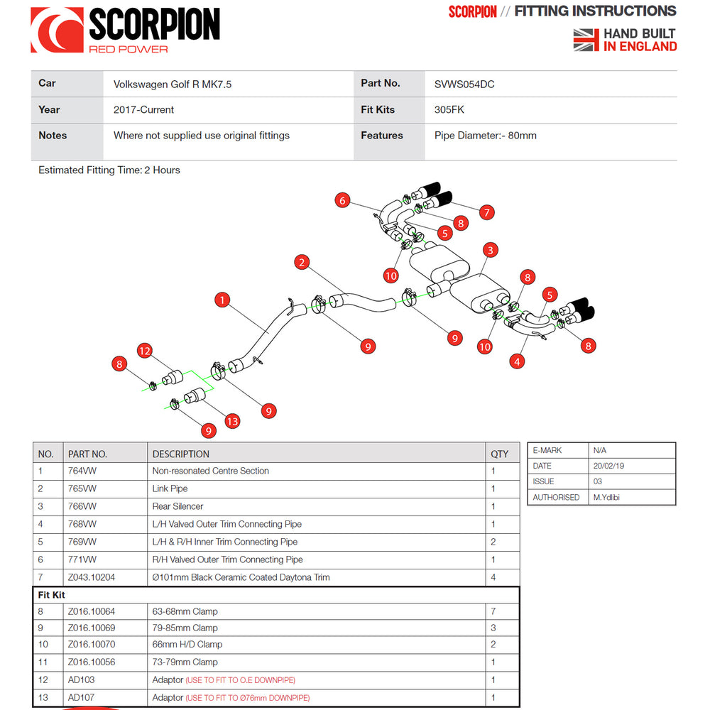 Scorpion Car Exhaust Cat-Back System Non-Resonated Electronic Valved Black Ceramic Daytona - VW Golf R MK7.5 2017 - 2020