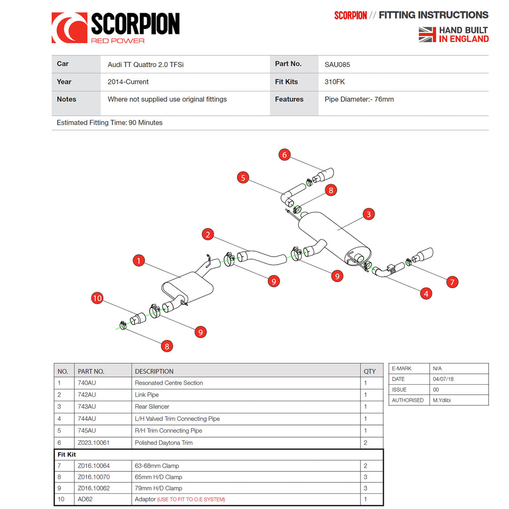 Scorpion Car Exhaust Cat-Back System (Resonated) (Valved) Daytona - Audi TT MK3 2.0 TFSI Quattro 2014 - 2019