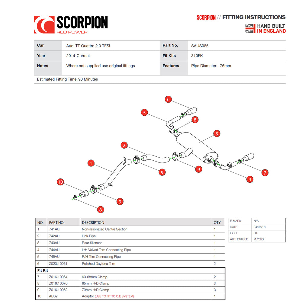 Scorpion Car Exhaust Cat-Back System (Non-Resonated) (Valved) Daytona - Audi TT MK3 2.0 TFSI Quattro 2014 - 2019