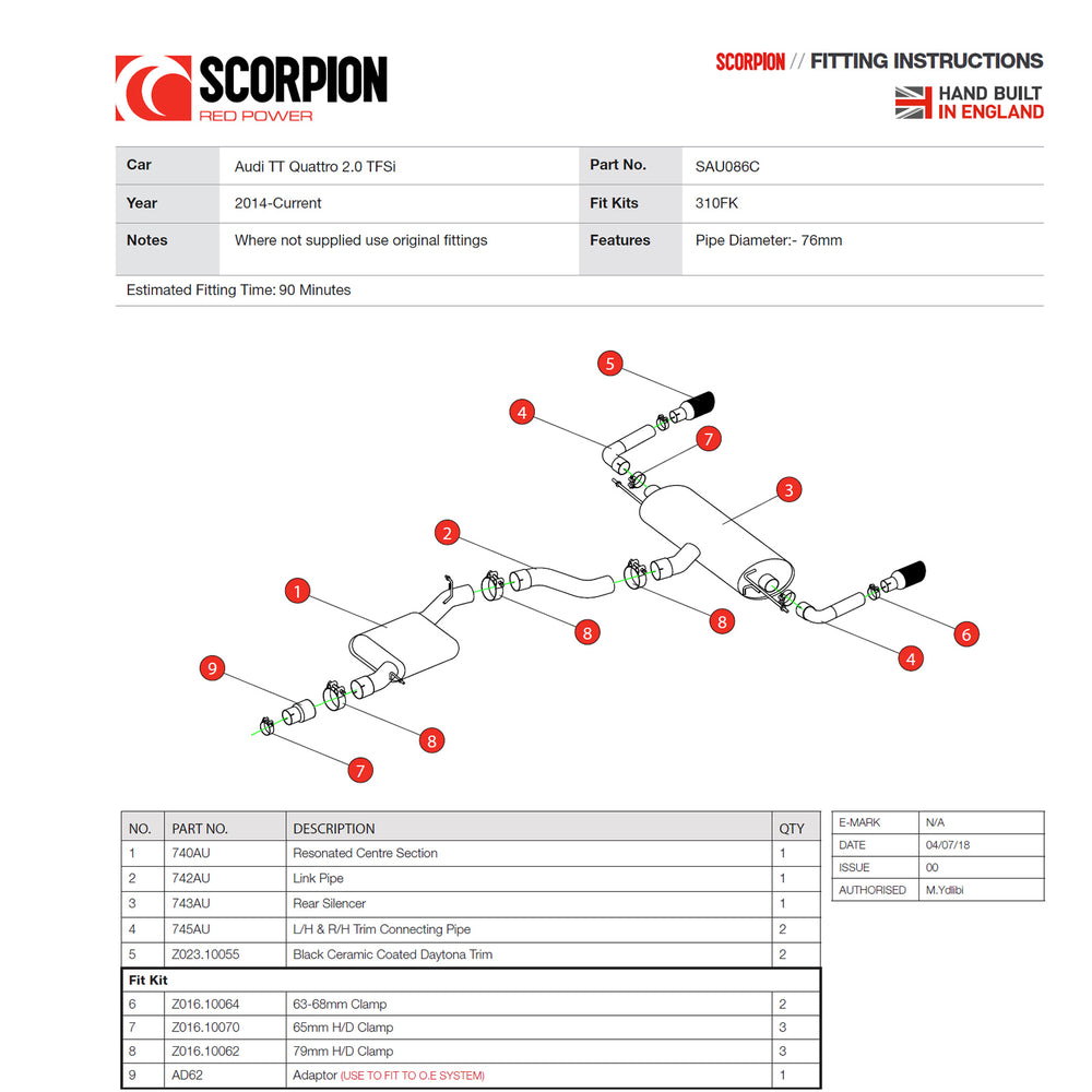 Scorpion Car Exhaust Cat-Back System (Resonated) (Non-Valved) Daytona Black - Audi TT MK3 2.0 TFSI Quattro 2014 - 2019