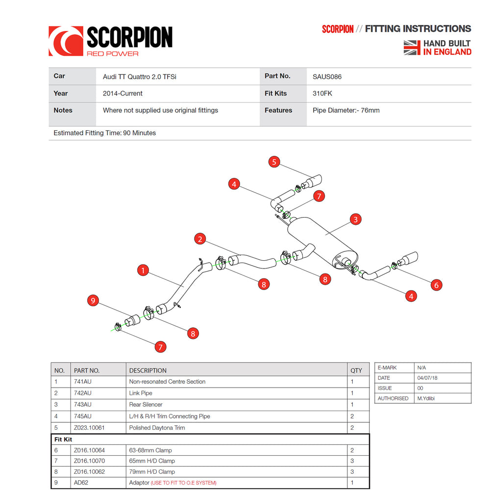 Scorpion Car Exhaust Cat-Back System (Non-Resonated) (Non-Valved) Daytona - Audi TT MK3 2.0 TFSI Quattro 2014 - 2019