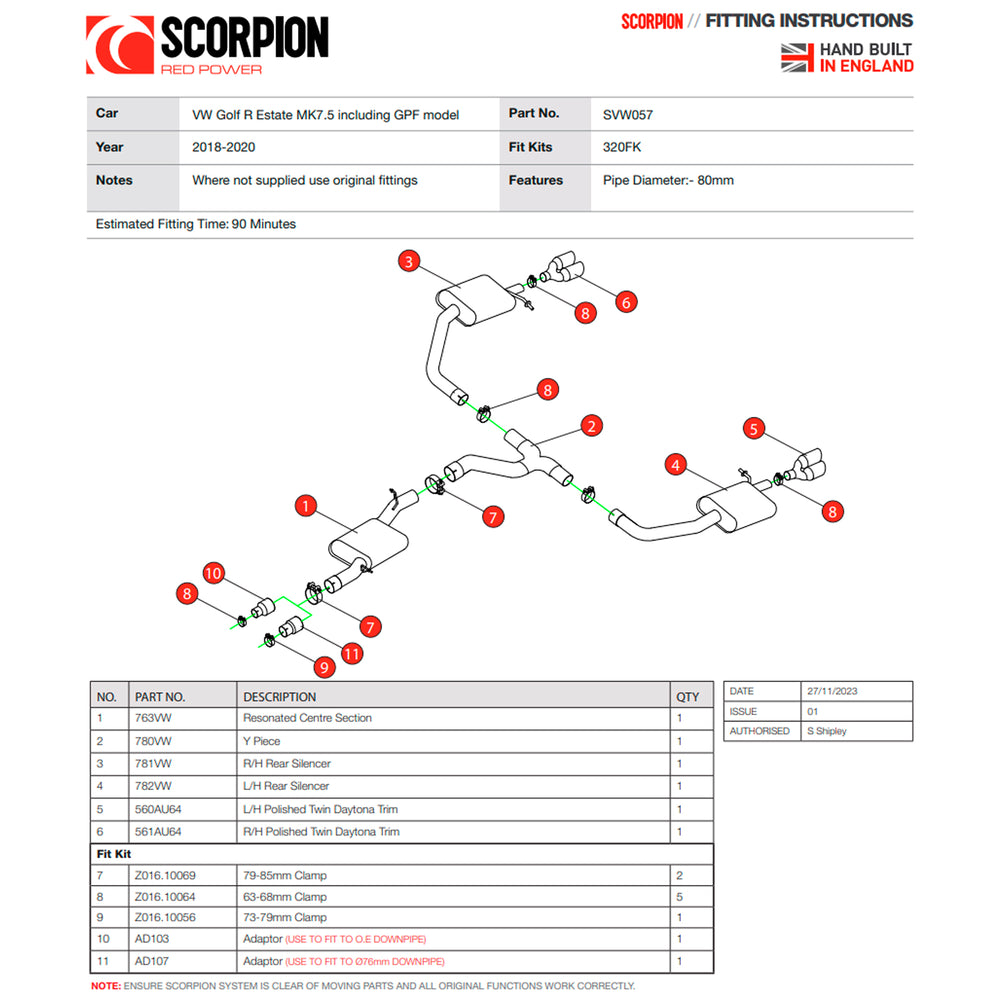 Scorpion Car Exhaust Cat-Back System (Resonated) Polished Daytona for VW Golf R 7.5 Estate Facelift (GPF & Non-GPF Models) 2018-2020
