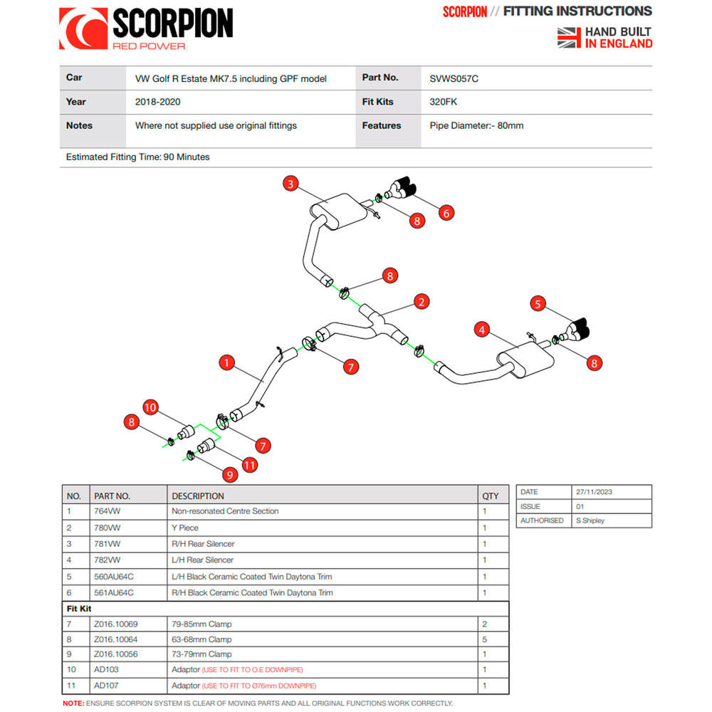 Scorpion Car Exhaust Cat-Back System (Non-Resonated) Black Ceramic Daytona for VW Golf R 7.5 Estate Facelift (GPF & Non-GPF Models) 2018-2020