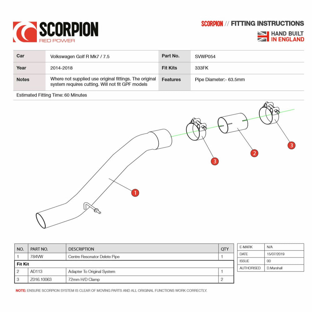 Scorpion Car Exhaust Resonator Delete Pipe - Volkswagen Golf 7 / 7.5R 2014 - 2020 (Non-GPF models only)