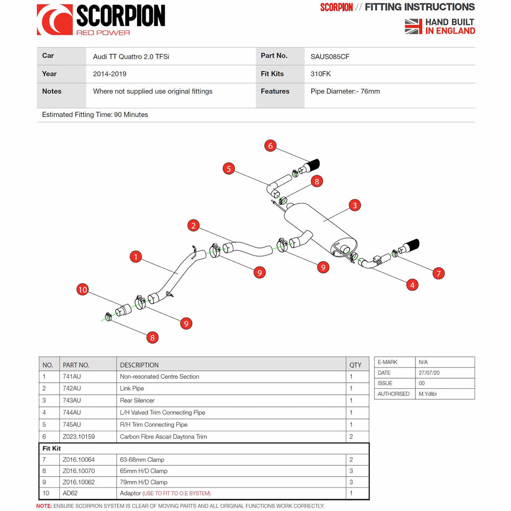 Scorpion Cat-Back System (Non-Resonated) (E Valves) Carbon Ascari - Audi TT MK3 2.0 TFSi Quattro (Non-GPF) 2014 - 2019