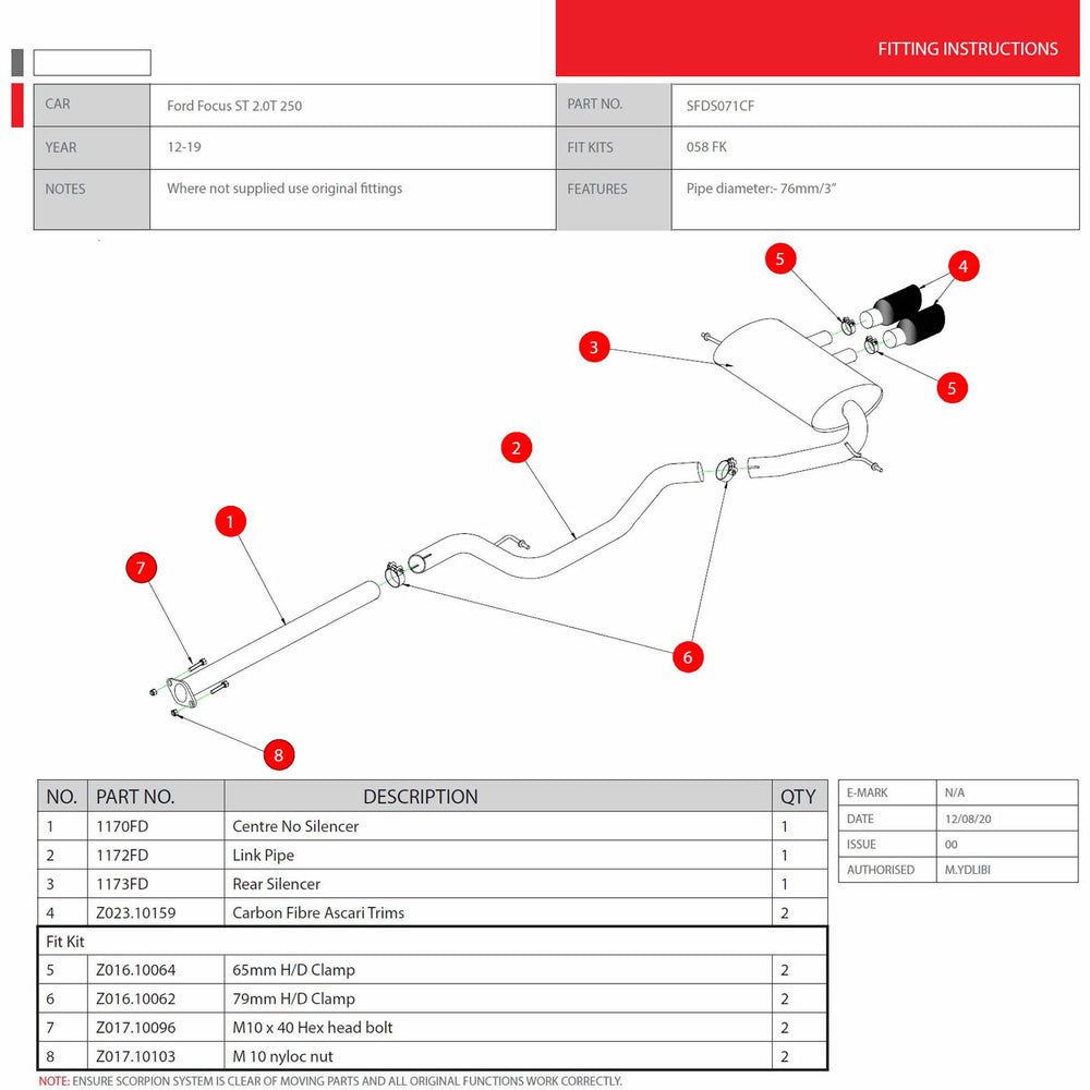 Scorpion Car Exhaust Cat-Back System (Non-Resonated) Carbon Ascari - Ford Focus MK3 ST 250 Hatch (Non-GPF) 2012 - 2019
