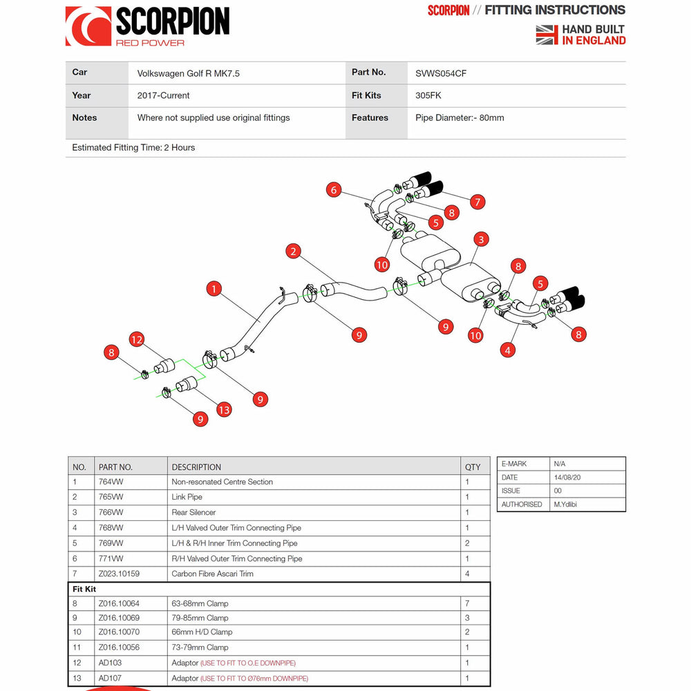 Scorpion Exhaust Cat-Back/GPF-Back System (Non-Resonated) Carbon Ascari - VW Golf R MK7.5 Facelift 2017 - 2020
