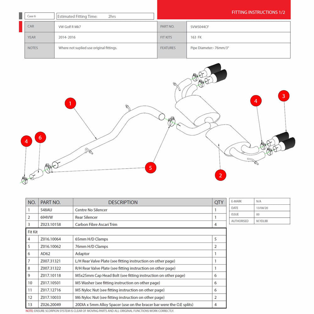 Scorpion Car Exhaust Cat-Back System (Non-Resonated) (Non-Valved) Carbon Ascari - VW Golf MK7 R 2014 - 2016