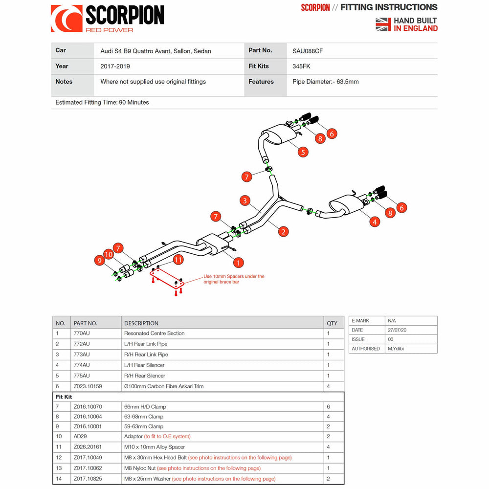 Scorpion Car Exhaust Hald System (Non-Resonated) Carbon Ascari - Audi S4 B9 Quattro 3.0T V6 Avant Saloon/Sedan (Non GPF Model) 2017 - 2019