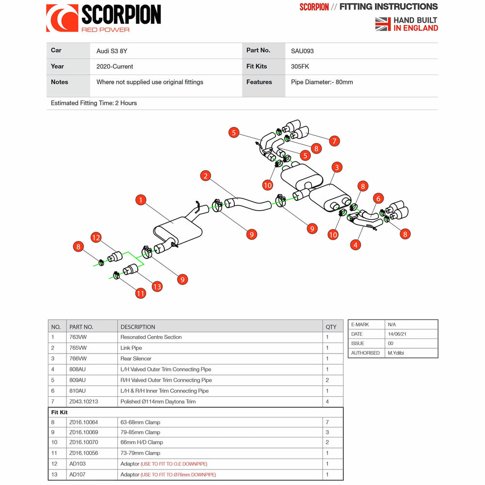 Scorpion Car Exhaust GPF-Back System (Resonated) (Electronic Valves) Polished Daytona - Audi S3 8Y Sportback 2020 - 2021