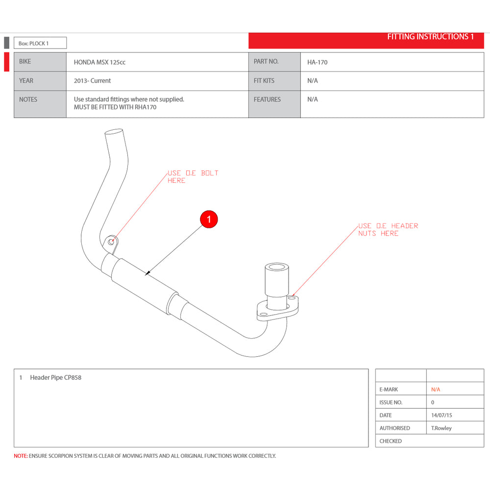 Scorpion Exhaust Header Pipe For Honda MSX 125 2013-2015