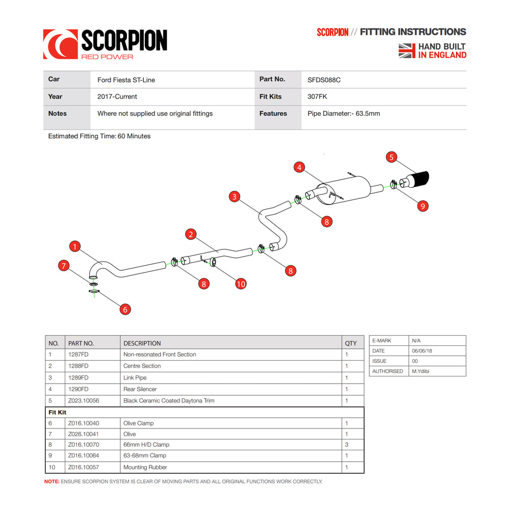 Scorpion Car Exhaust Cat-Back System (Non-Resonated) Daytona Black - Ford Fiesta ST-Line MK8 1.0T EcoBoost 2017 - 2019