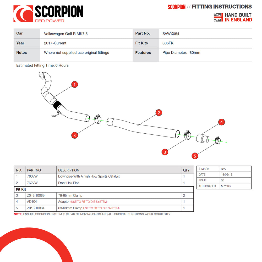 Scorpion Car Exhaust 80mm Hi-Flow Sports Catalyst Turbo-Downpipe - VW Golf R / Golf R Estate MK7.5 Facelift 2017 - 2018