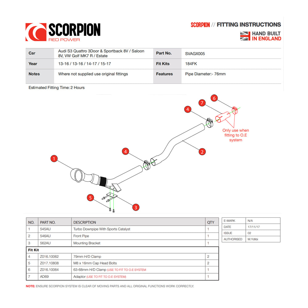 Scorpion Car Exhaust Hi-Flow Sports Catalyst Turbo-Downpipe - Volkswagen Golf MK7 Estate R 2015 - 2017