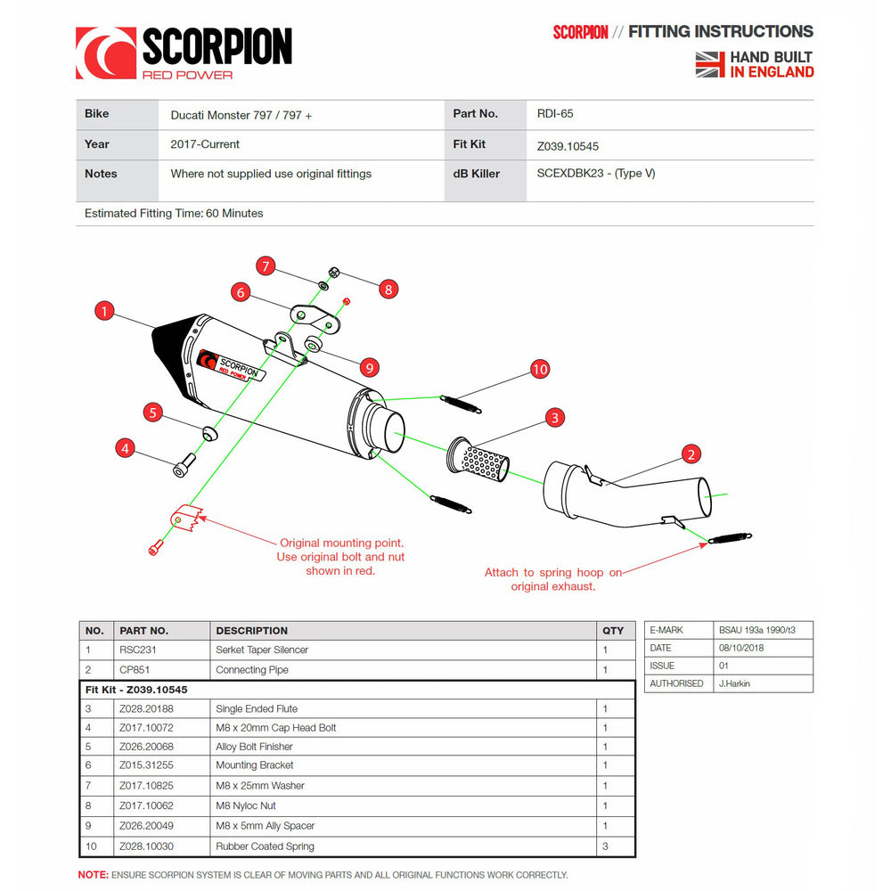 Scorpion Serket Taper Stainless Steel Exhaust (Removes Factory Catalyst) For Ducati Monster 797-797+ 2017-2020