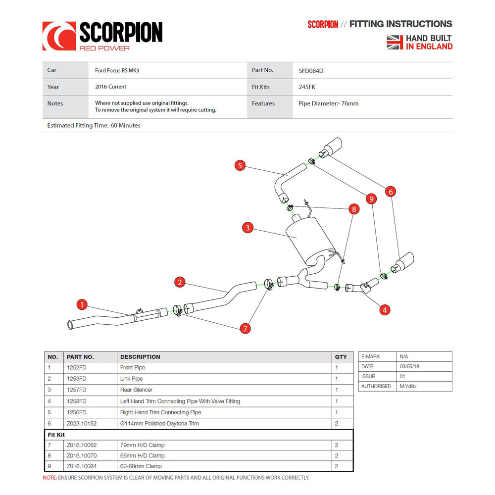 Scorpion Car Exhaust Cat-Back System (Electronic Valve) Daytona - Ford Focus RS MK3 2016 - 2019