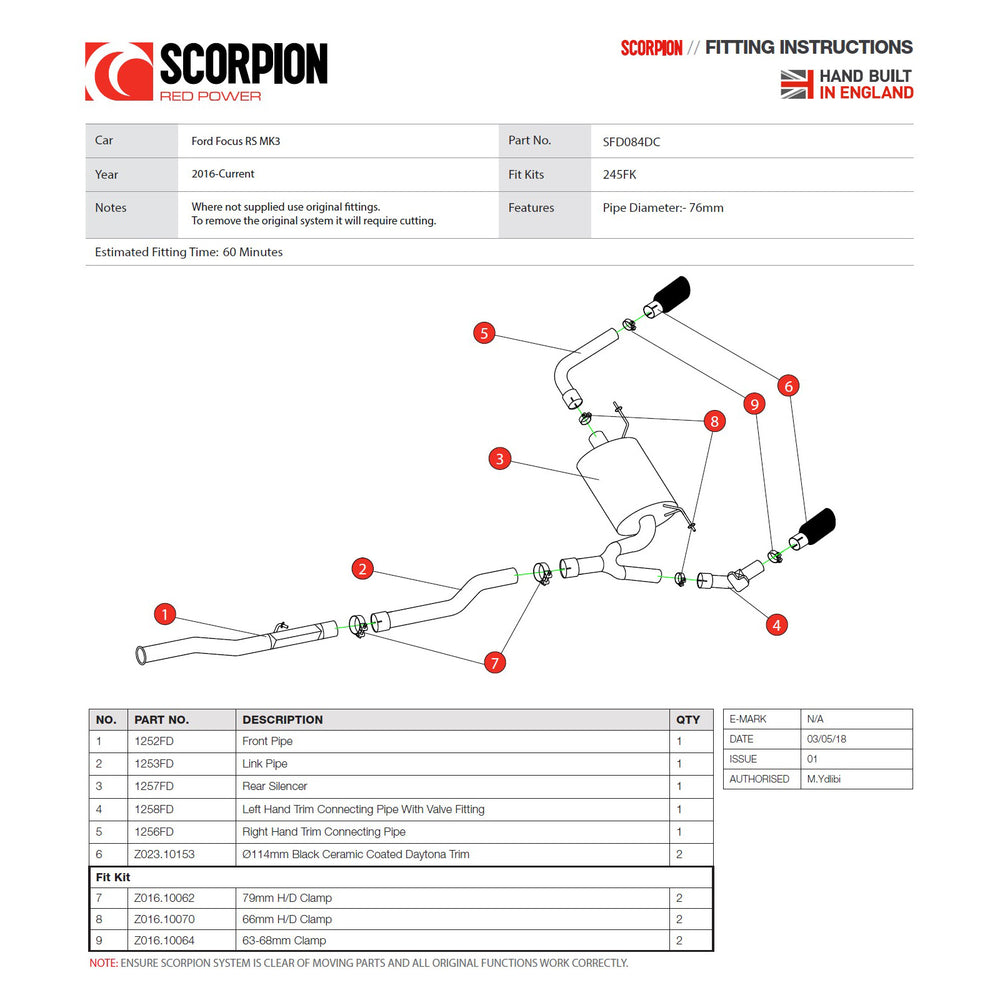 Scorpion Car Exhaust Cat-Back System (Electronic Valve) Daytona Black - Ford Focus RS MK3 2016 - 2019