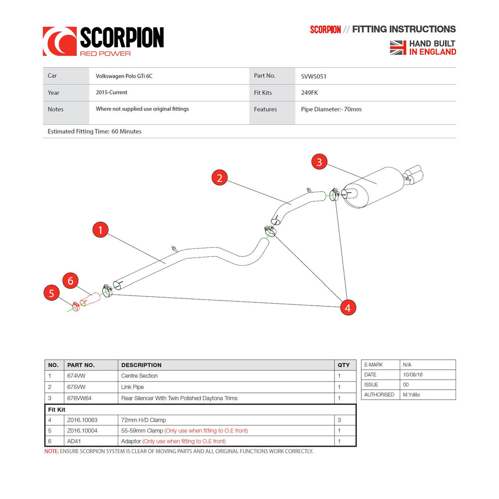 Scorpion Car Exhaust Cat-Back System (Non-Resonated) Daytona - Volkswagen Polo GTI 1.8T 6C 2015 - 2017