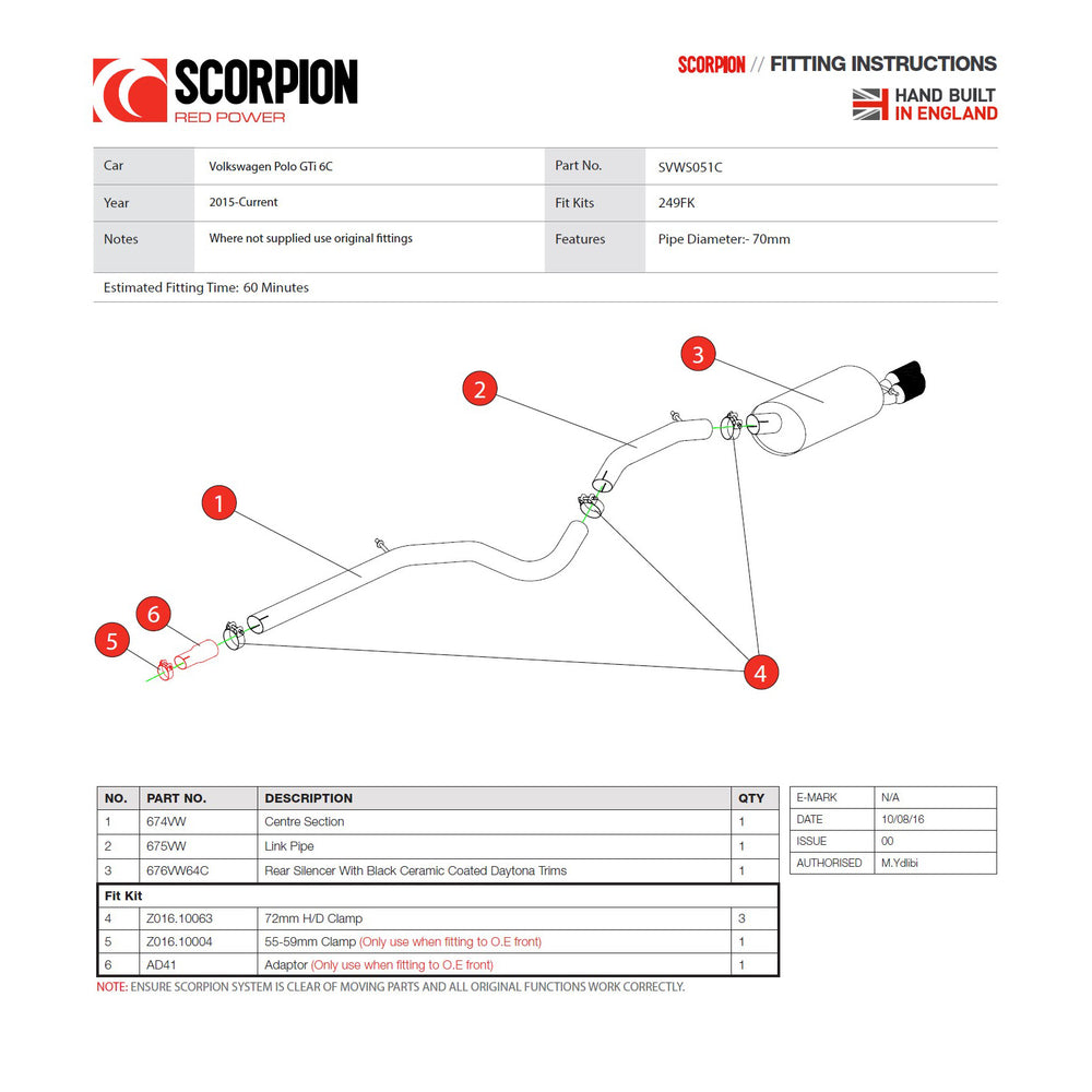 Scorpion Car Exhaust Cat-Back System (Non-Resonated) Daytona Black - Volkswagen Polo GTI 1.8T 6C 2015 - 2017