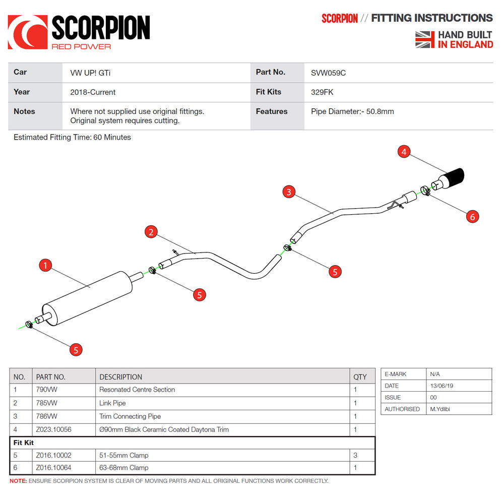 Scorpion Car Exhaust Cat-Back System (Resonated) Daytona Black - Volkswagen UP! GTI 1.0TSI 2018 - 2020