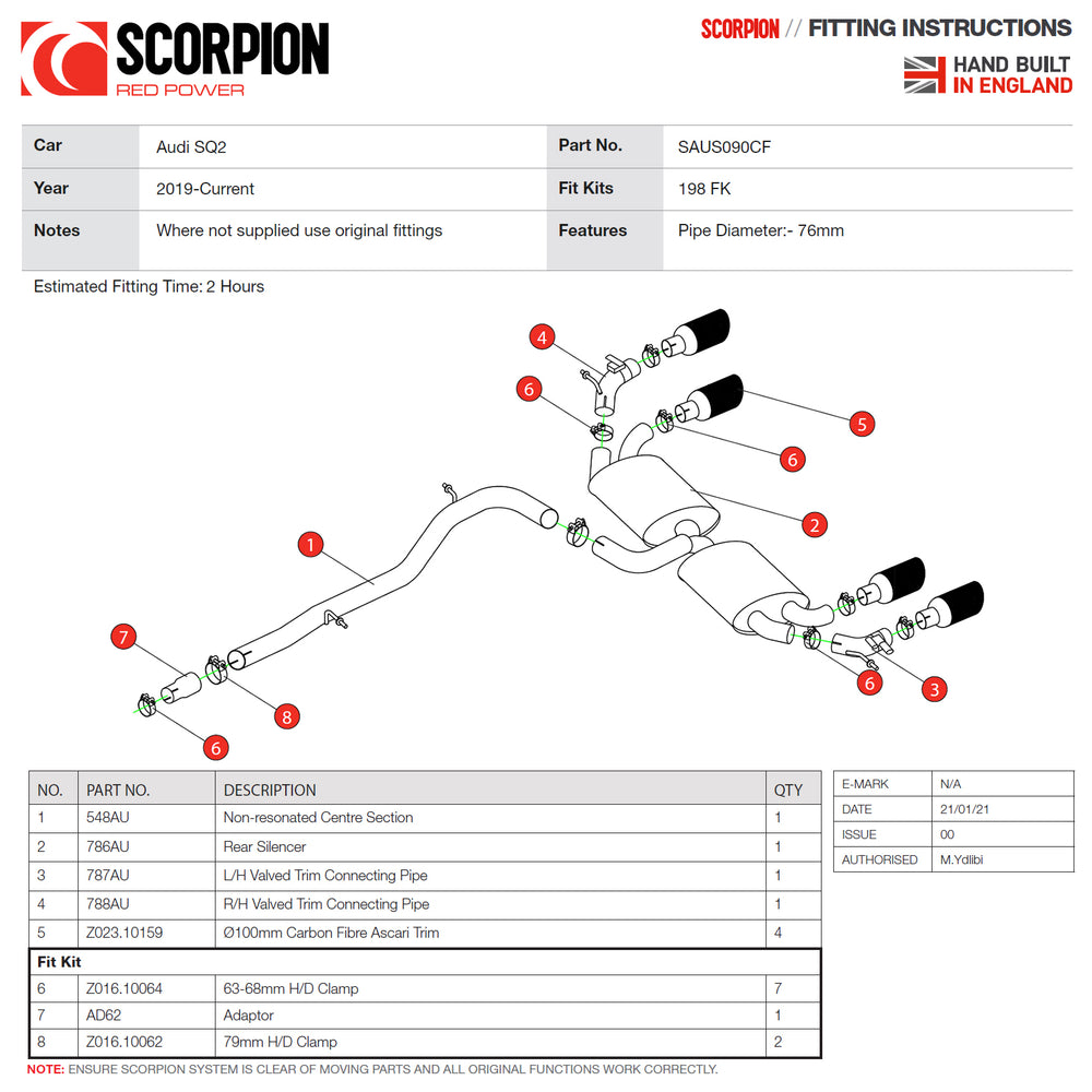 Scorpion Car Exhaust GPF-Back System (Non-Resonated) (Valved) Carbon Fibre Ascari - Audi SQ2 GPF Model 2019 - 2021