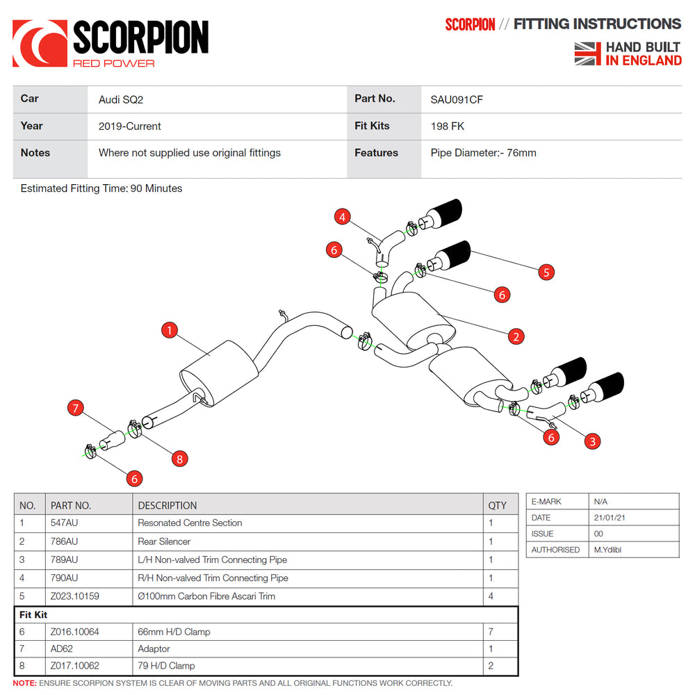 Scorpion Car Exhaust GPF-Back System (Resonated) Carbon Fibre Ascari - Audi SQ2 GPF Model 2019 - 2021
