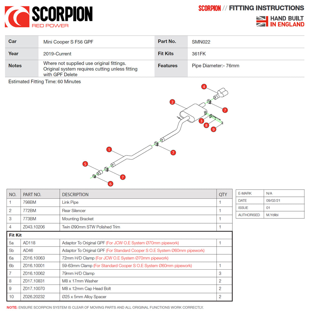 Scorpion Car Exhaust GPF-Back System (Non-Resonated) STW Trim - Mini Cooper S F56 GPF Model MINI Challenge 2019 - 2021