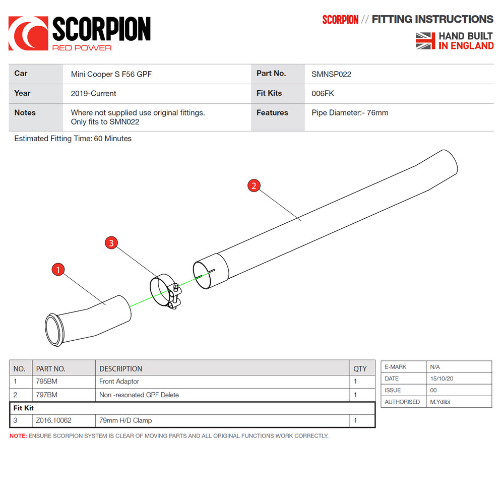 Scorpion Car Exhaust Non-Resonated GPF Delete Pipe - Mini Cooper S F56 GPF Model MINI Challenge 2019 - 2021