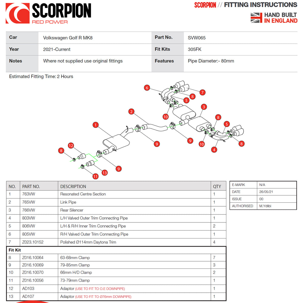 Scorpion Car Exhaust GPF-Back System (Resonated) (Valved) Daytona - VW Golf R MK8 GPF Model 2021 - 2022