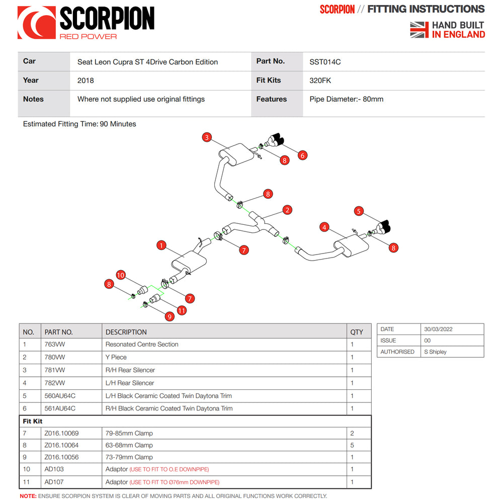 Scorpion Car Exhaust GPF-Back System (Resonated) Quad Black Ceramic Daytona - Seat Leon Cupra ST 4Drive Carbon Edition (GPF Model) 2018 - 2019