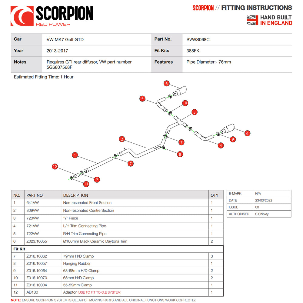 Scorpion Car Exhaust Cat-Back System (Non-Resonated) 100mm Black Ceramic Daytona - Volkswagen Golf MK7 GTD 2013 - 2017