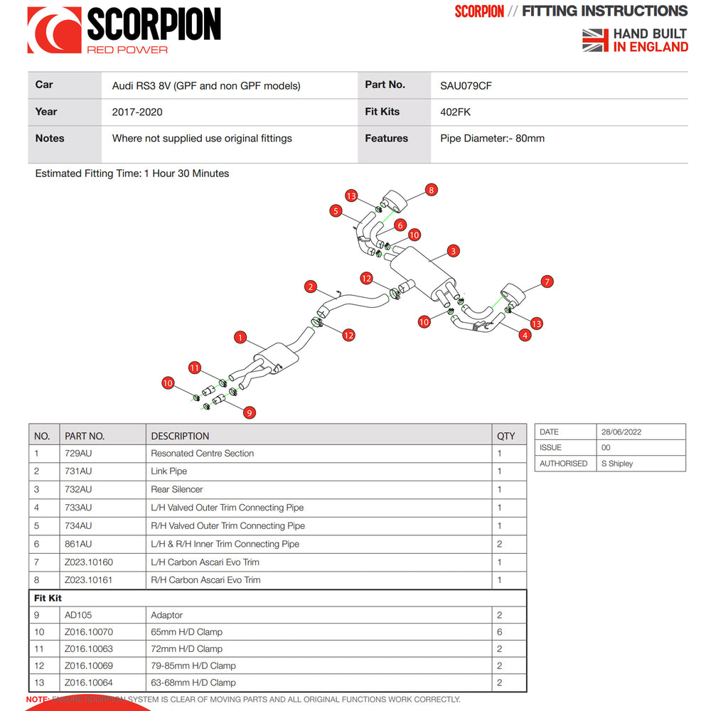 Scorpion Exhaust GPF-Back System (Resonated, Valved) Twin Carbon Ascari Evo - Audi RS3 8V Facelift (GPF & Non-GPF Models) 2017 - 2020