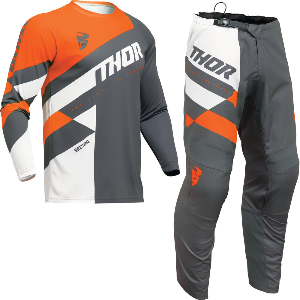 Thor Sector Checker 2024 Youth Motocross Jersey & Pants Charcoal Orange Kit