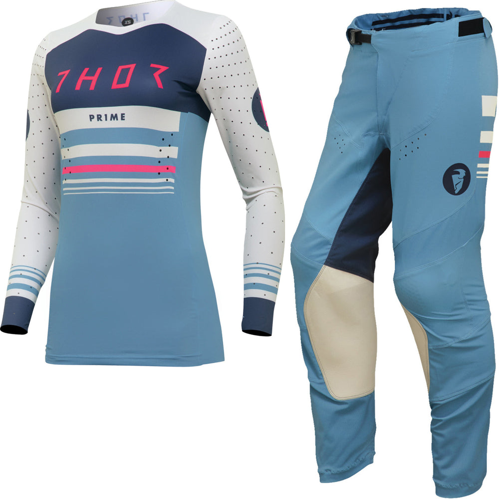 Thor Prime Blaze 2024 Ladies Motocross Jersey & Pants Blue Steel Vintage White Kit