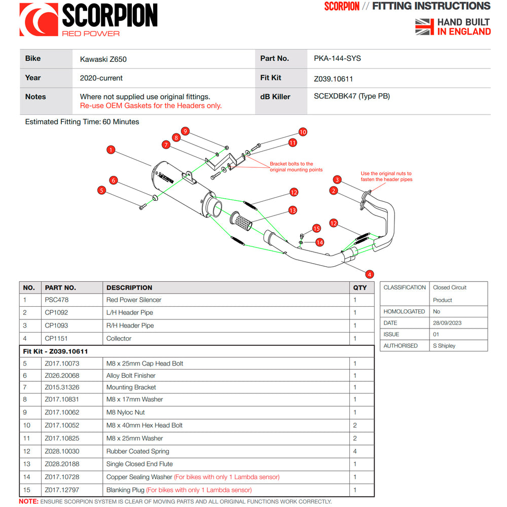 Scorpion Red Power Full System Black Ceramic Exhaust for Kawasaki Z650 2020 - 2023