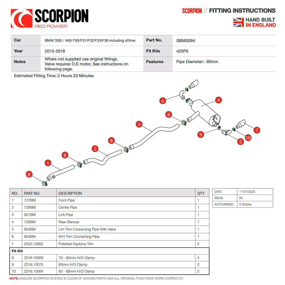 Scorpion Car Exhaust Cat-Back System (Non-Resonated) (Valved) Twin 90mm Polished Daytona for BMW 340i 15-18 & 440i 16-18