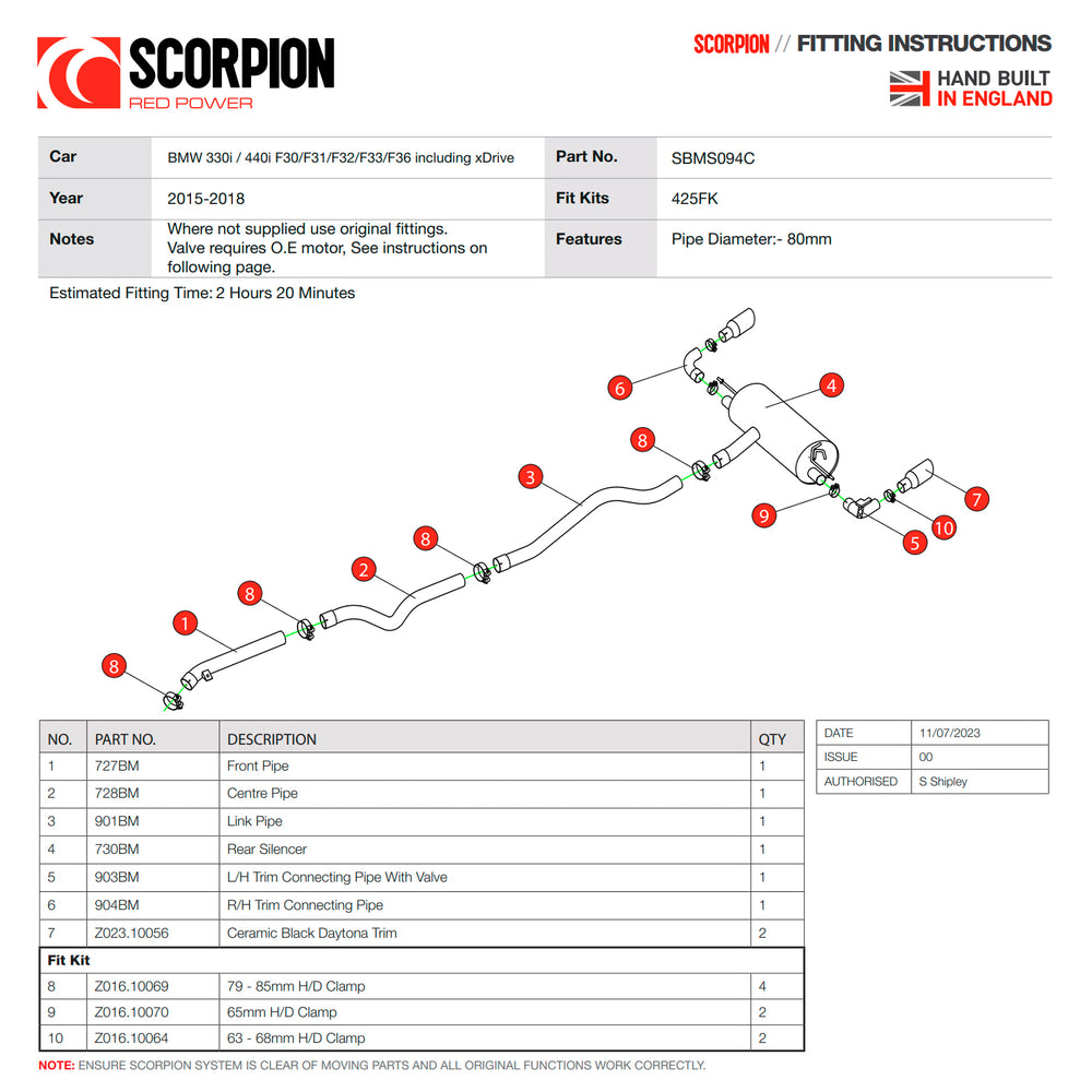 Scorpion Car Exhaust Cat-Back System (Non-Resonated) (Valved) Twin 90mm Black Ceramic Daytona for BMW 340i 15-18 & 440i 16-18