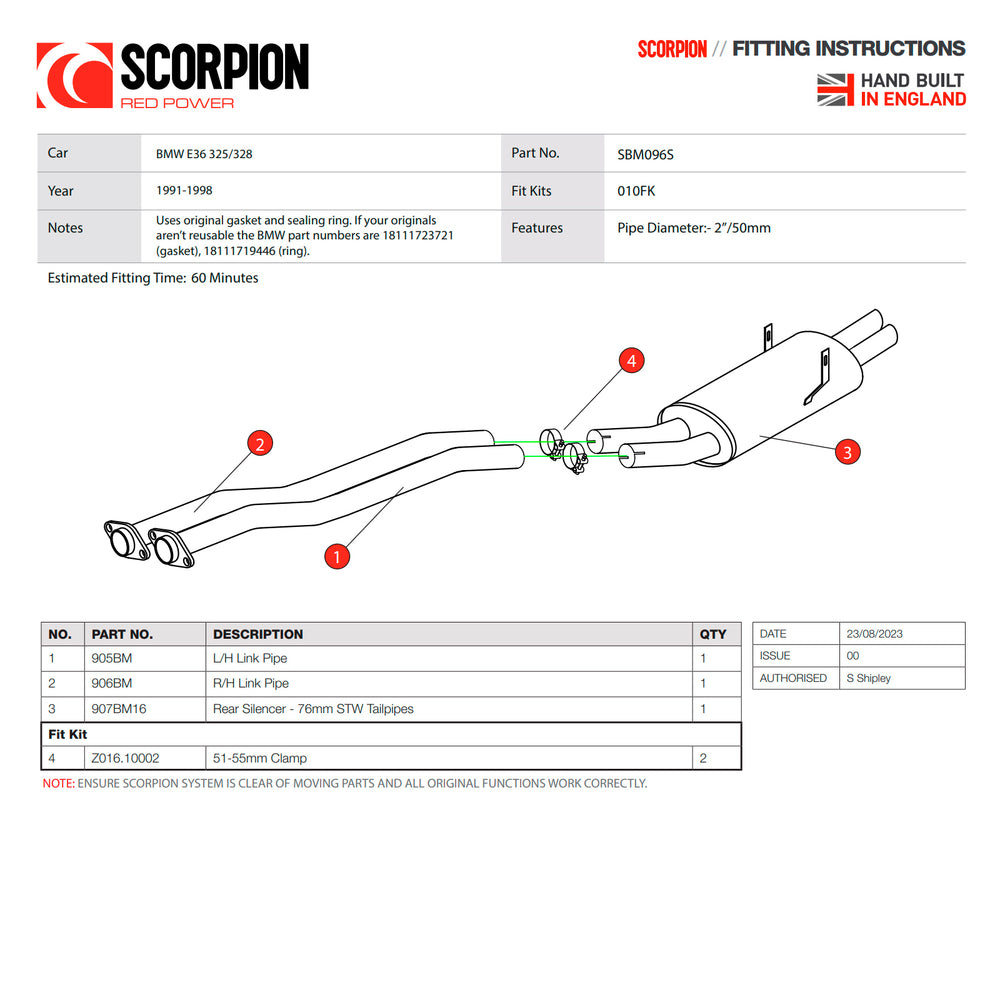 Scorpion Car Exhaust Cat-Back System (Non-Resonated) 76mm Polished STW Trims for BMW E36 325 & 328 1991-1998