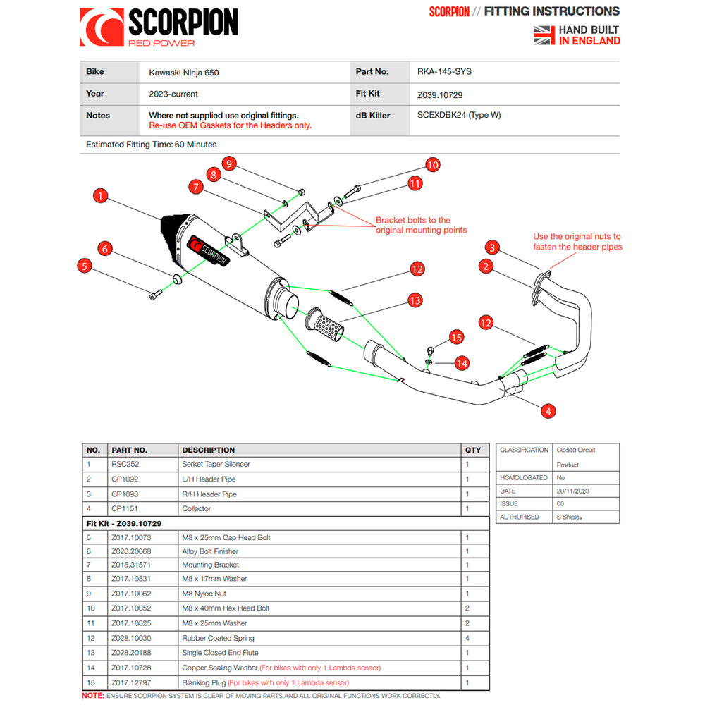 Scorpion Serket Taper Full System Carbon Fibre Exhaust for Kawasaki Ninja 650 2023