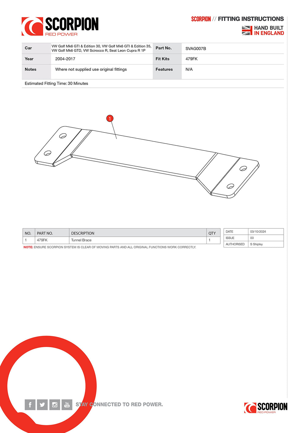 Scorpion Car Exhaust Tunnel Brace - Volkswagen Golf, Volkswagen Scirocco & Seat Leon