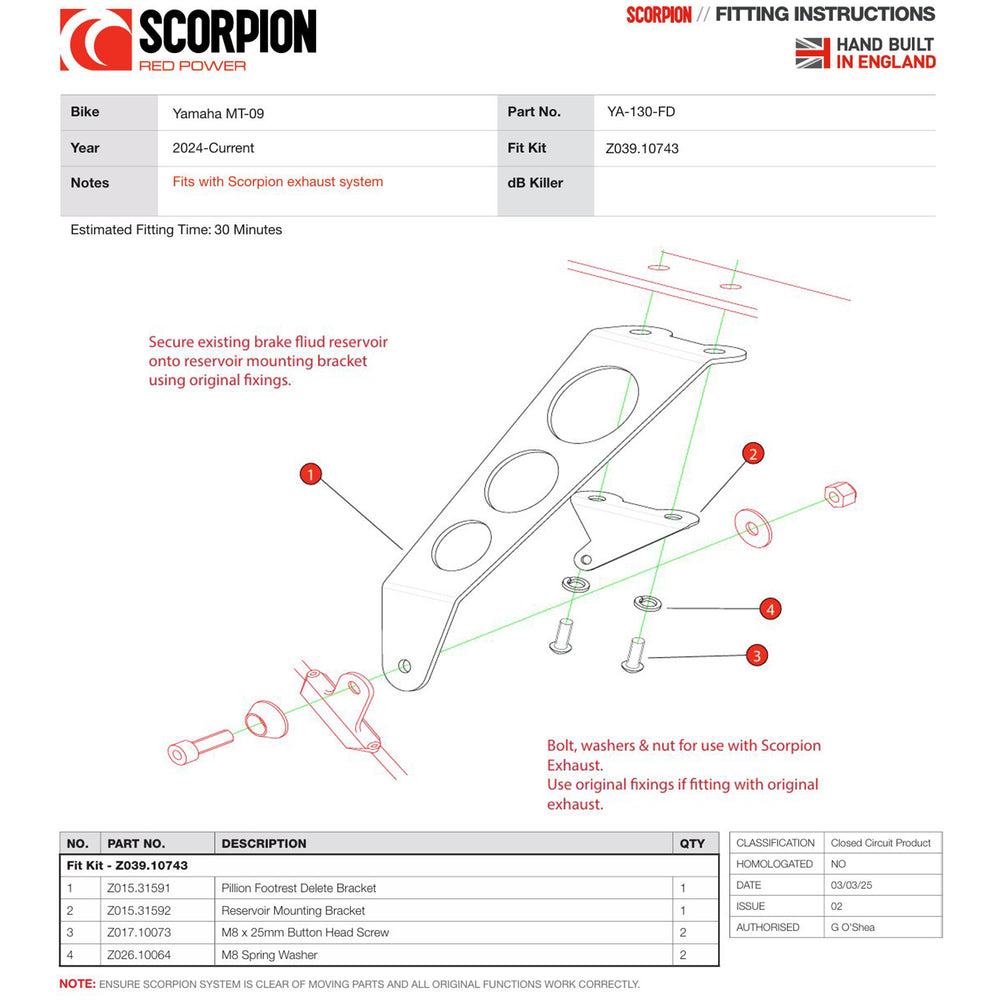 Scorpion Footrest Delete Kit For Yamaha MT-09 2024-2025