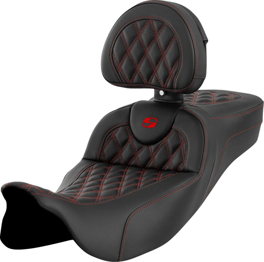 Saddlemen Roadsofa Extended Reach Seat With Backrest For Harley Davidson FLHR 1584 2008 - Black/Red (Driver Seat Length: 42 cm)