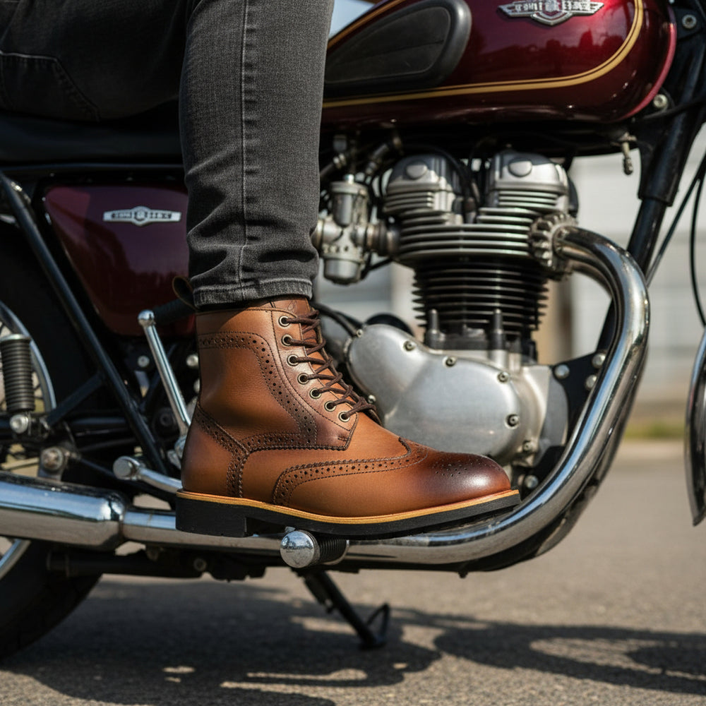 Black Officer  Brogue Motorcycle Boots