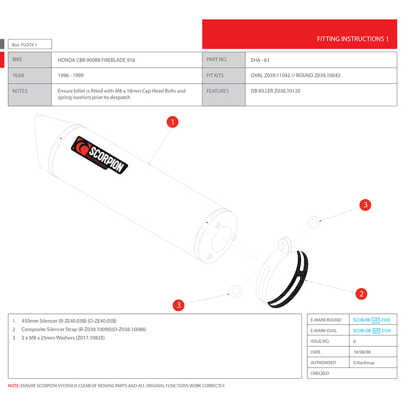Scorpion Factory Satin Titanium Round Exhaust Carbon Outlet Honda CBR 900 RR F/Blade 898 96-99